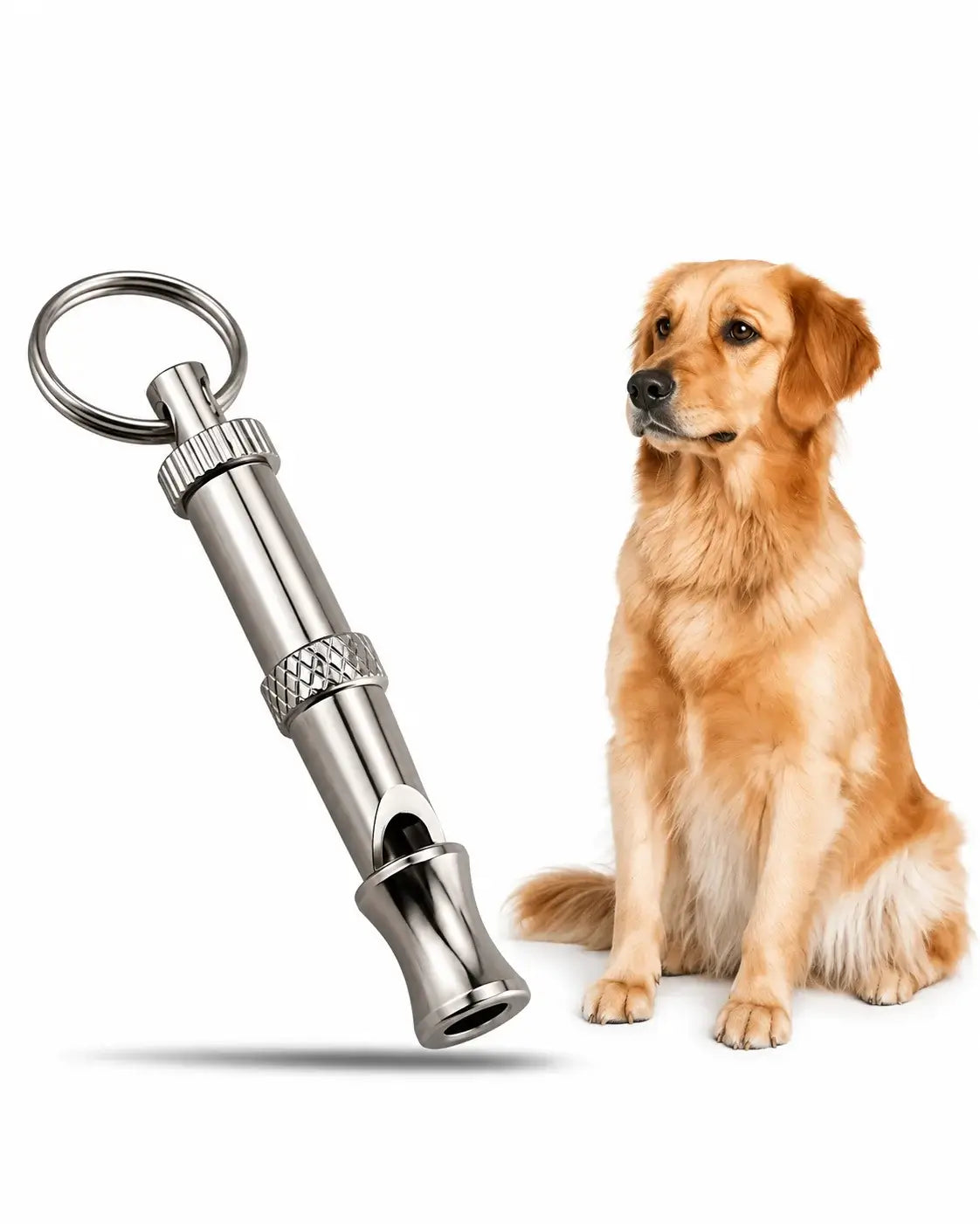 Stainless steel adjustable dog whistle with a keychain ring shown next to a golden retriever
