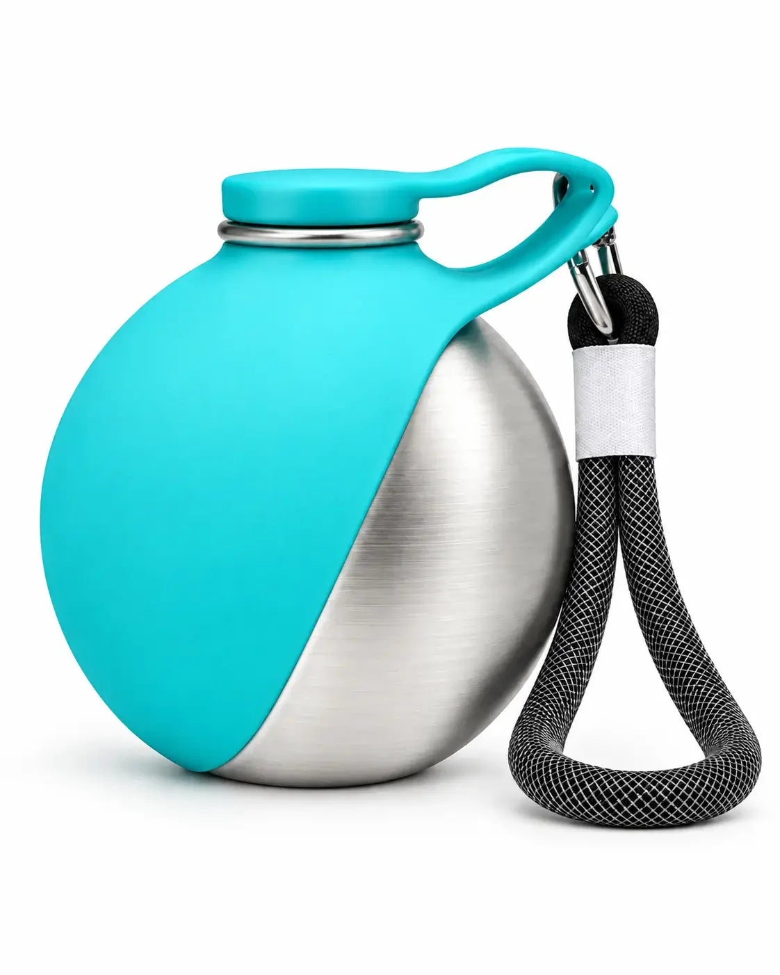 Blue portable dog water bottle with the silicone bowl folded over the stainless steel body and a wrist strap