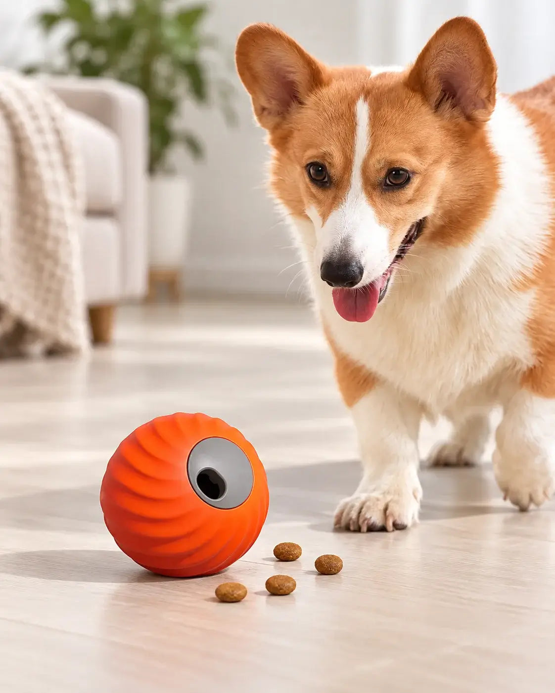 Corgi standing beside an orange treat-dispensing dog ball with kibble on a living room floor