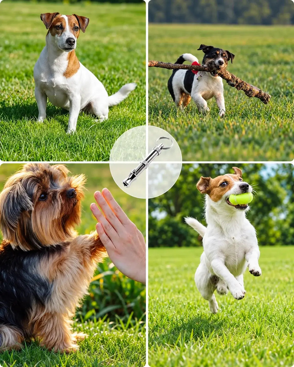 Four terrier breeds training and playing outdoors around an adjustable dog whistle
