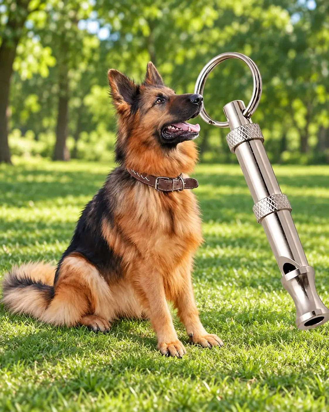 German Shepherd sitting on grass beside a silver adjustable dog training whistle