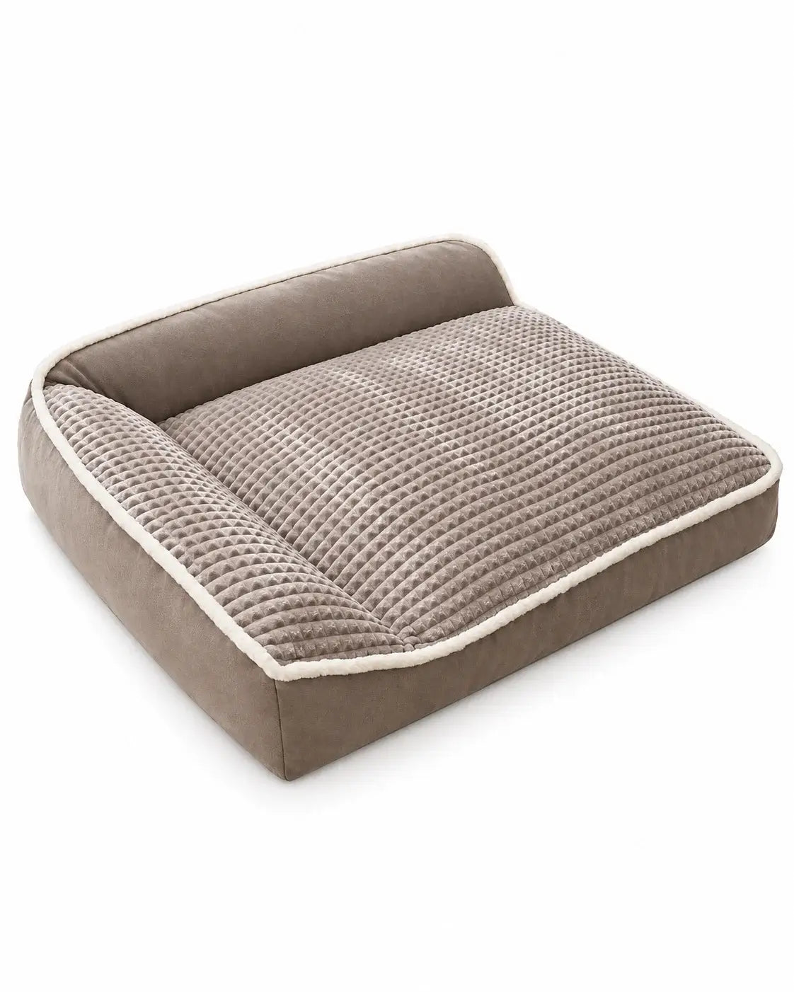 Gray dog sofa bed with a textured cushion and raised bolster