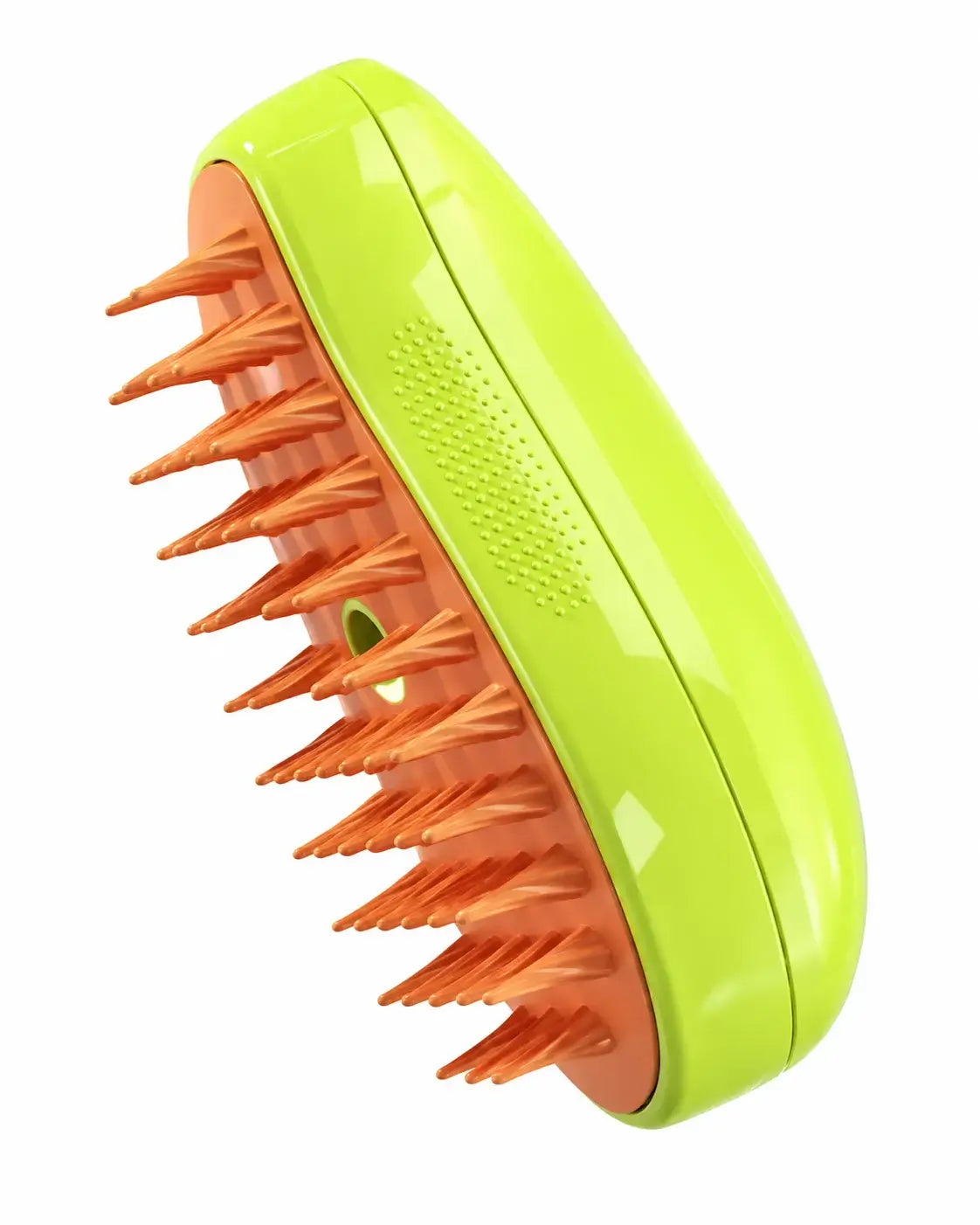 green → Green electric pet steam brush with orange silicone tips on a white background