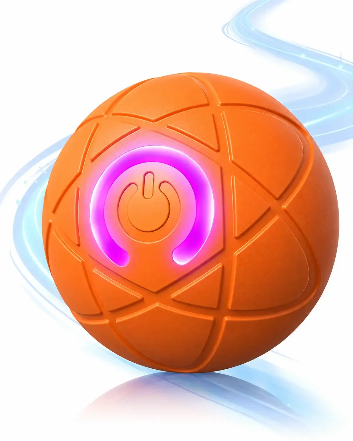 Orange interactive automatic dog ball with a glowing magenta LED power button