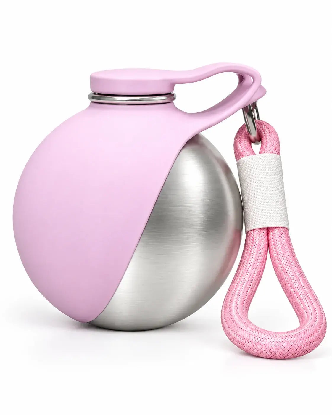 Pink portable dog water bottle with the silicone bowl folded over the stainless steel body and a wrist strap