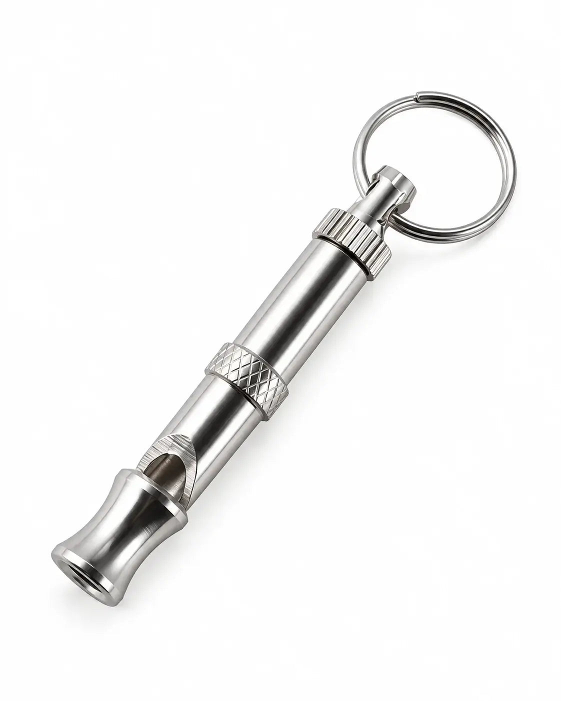 Stainless steel adjustable dog training whistle with keychain ring on a white background