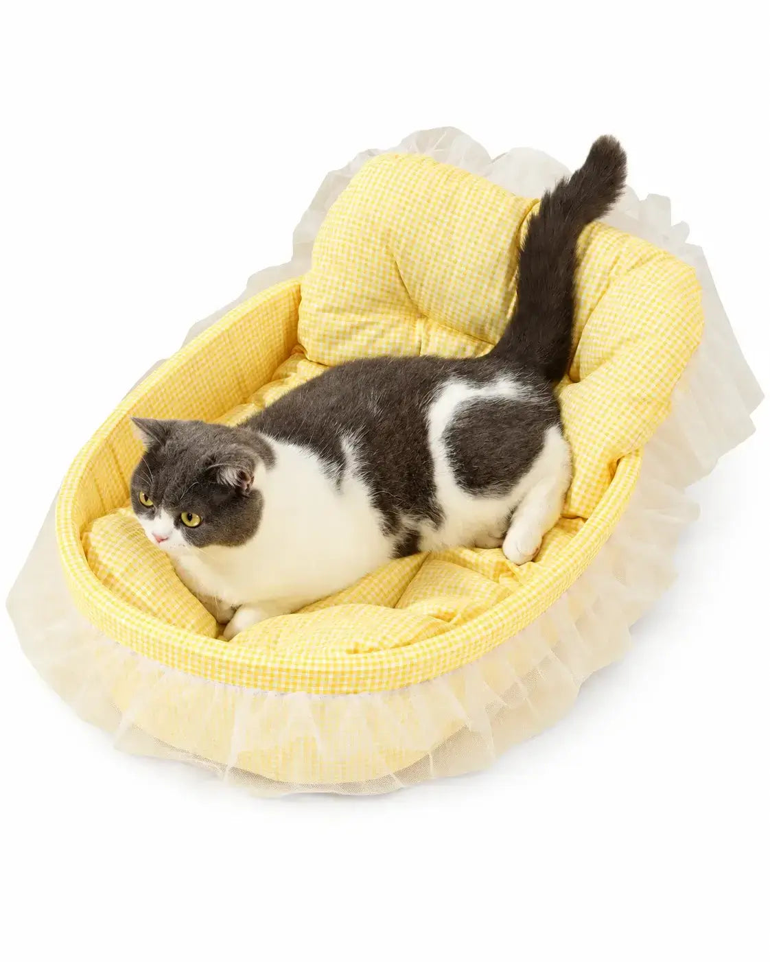 Grey and white cat lying in the yellow gingham pet sofa bed with a padded backrest