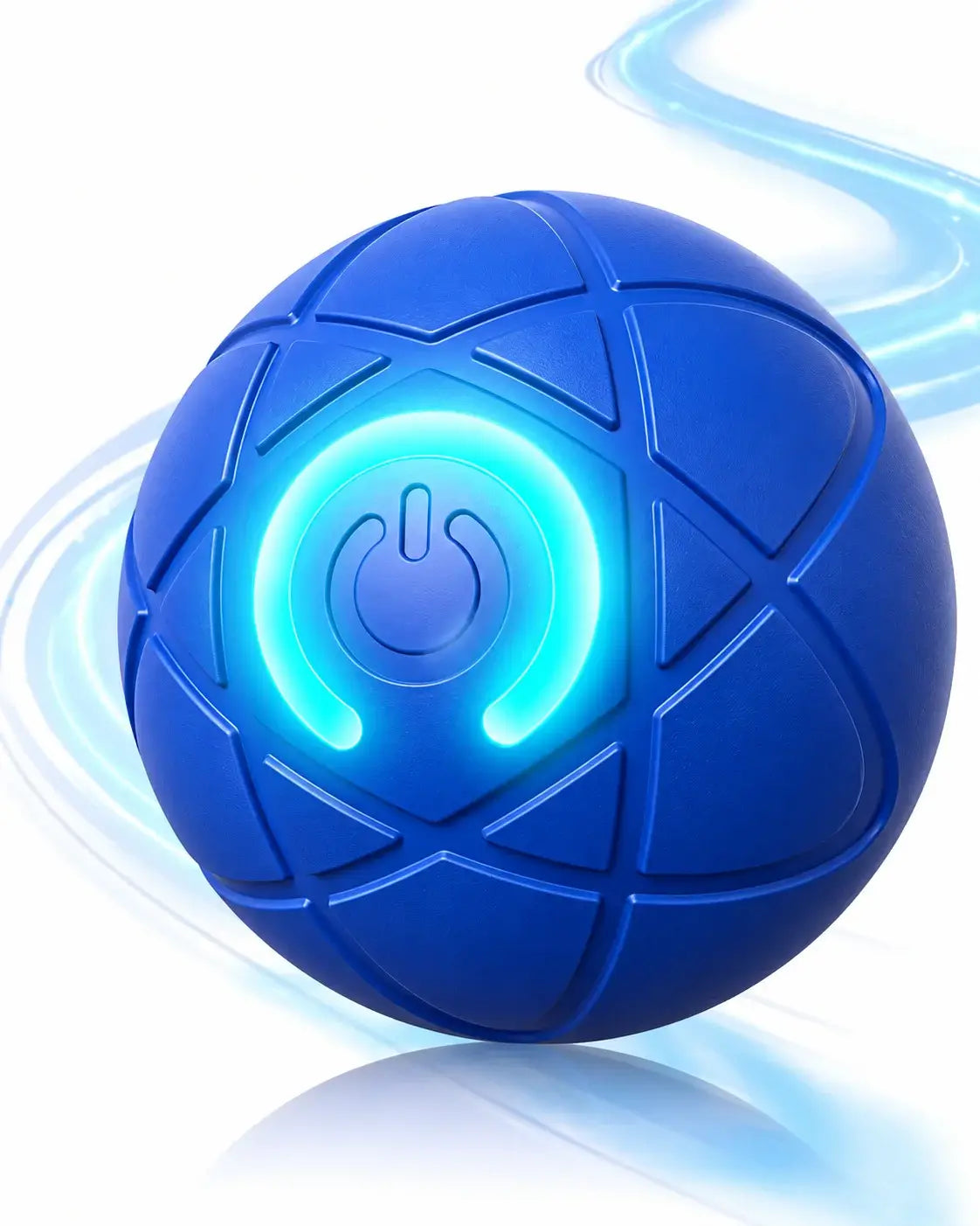 Blue interactive automatic dog ball with a glowing turquoise LED power button