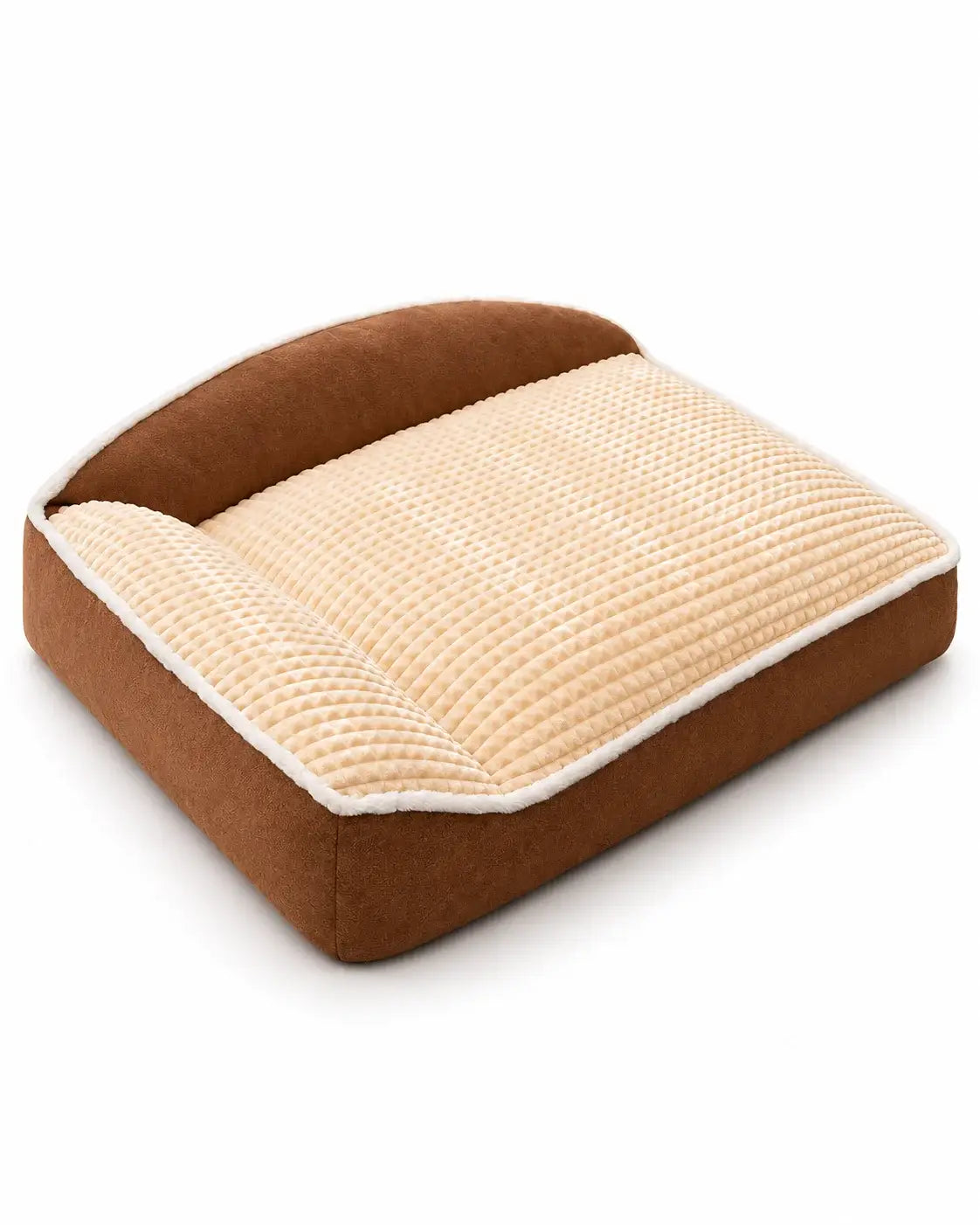 Brown dog sofa bed with a light beige textured cushion and raised bolster