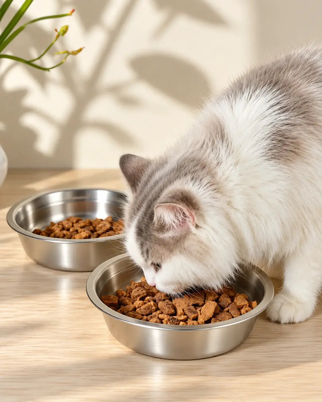 Cat eating dry food from a stainless steel bowl next to a matching second bowl