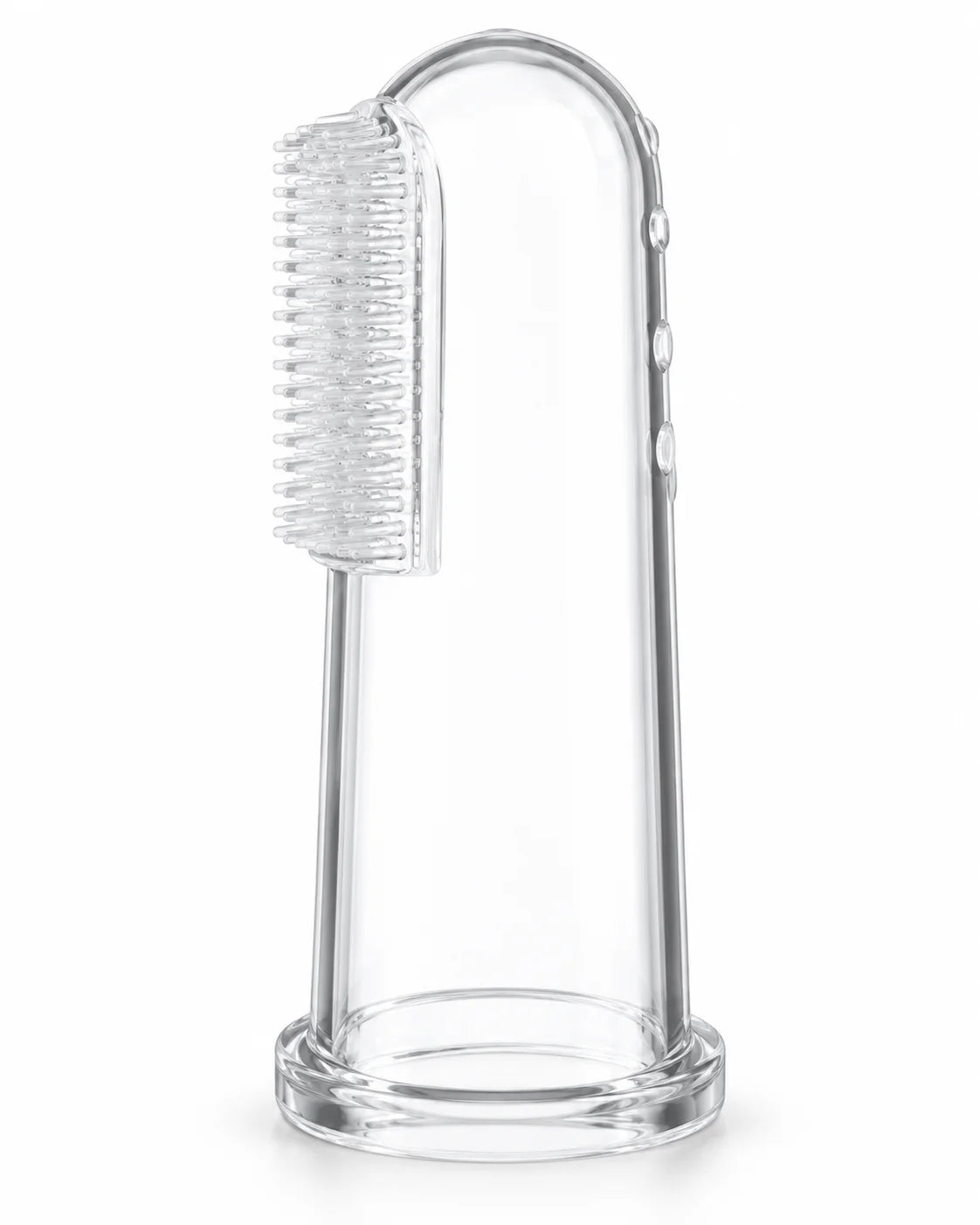 Clear silicone pet finger toothbrush standing upright on a white background