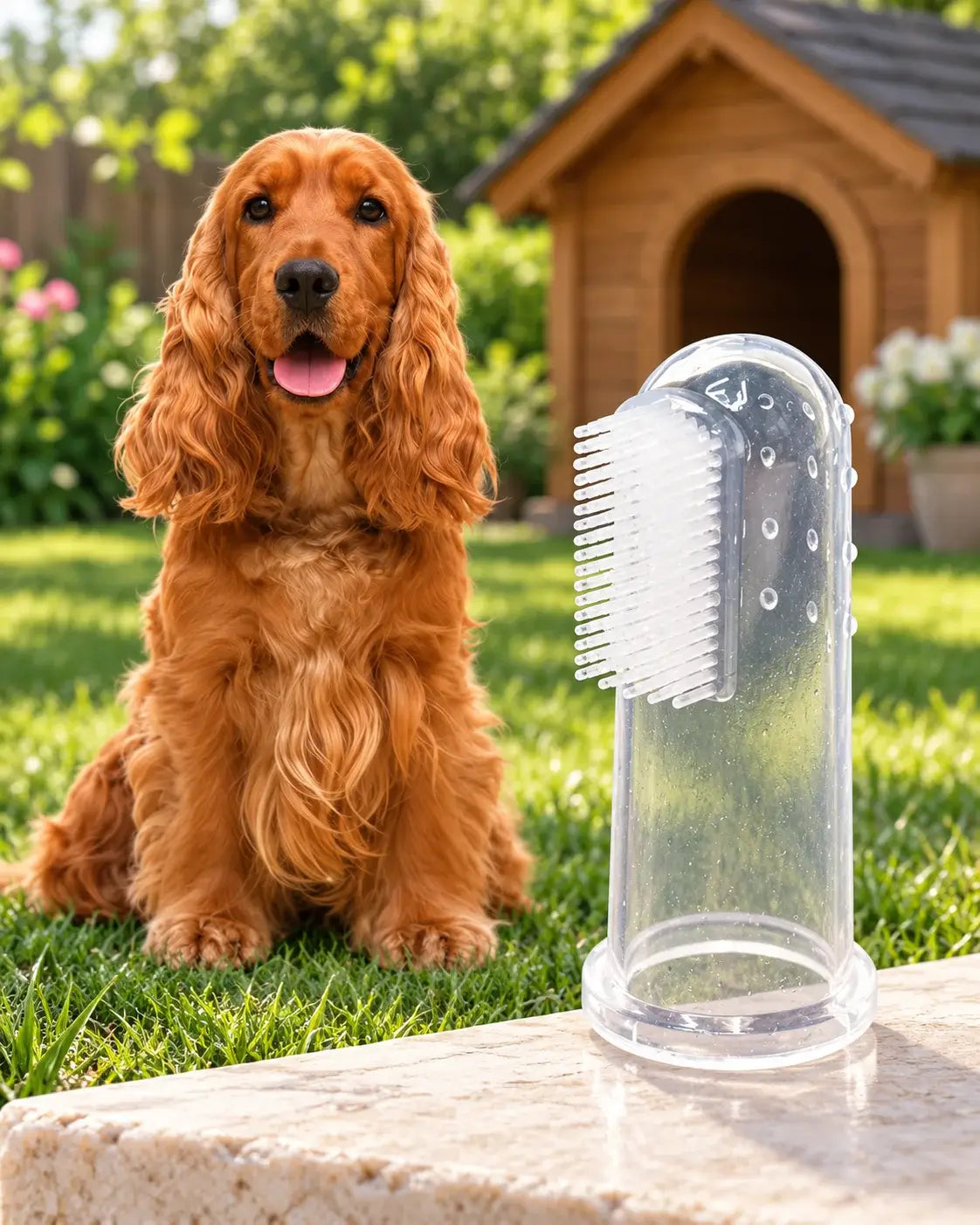 Cocker Spaniel sitting on a lawn beside a clear silicone finger toothbrush