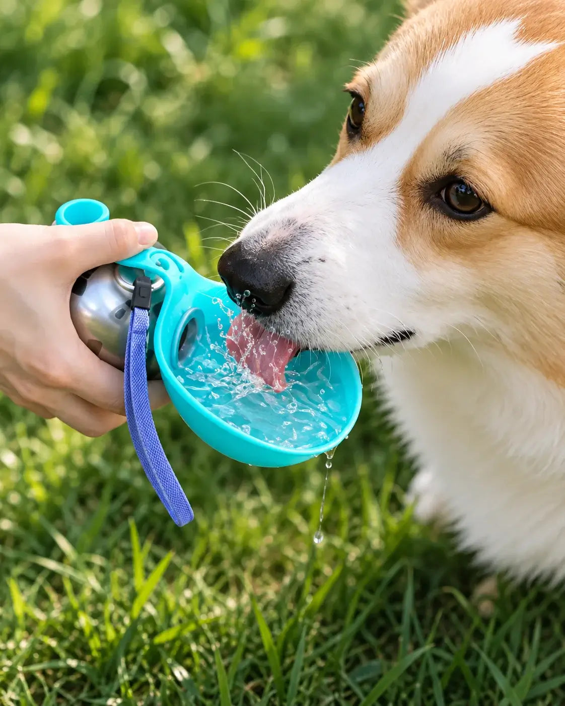 A close-up lifestyle shot of a corgi dog drinking water from a bright turquoise collapsible pet water bowl held by a person's hand on a green grass background.