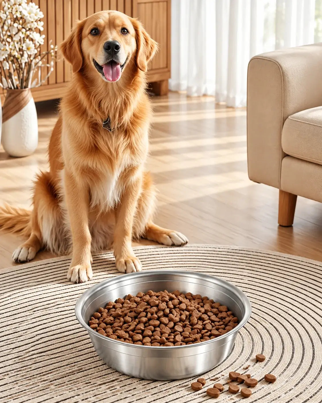 Golden retriever sitting beside a stainless steel bowl filled with dry food