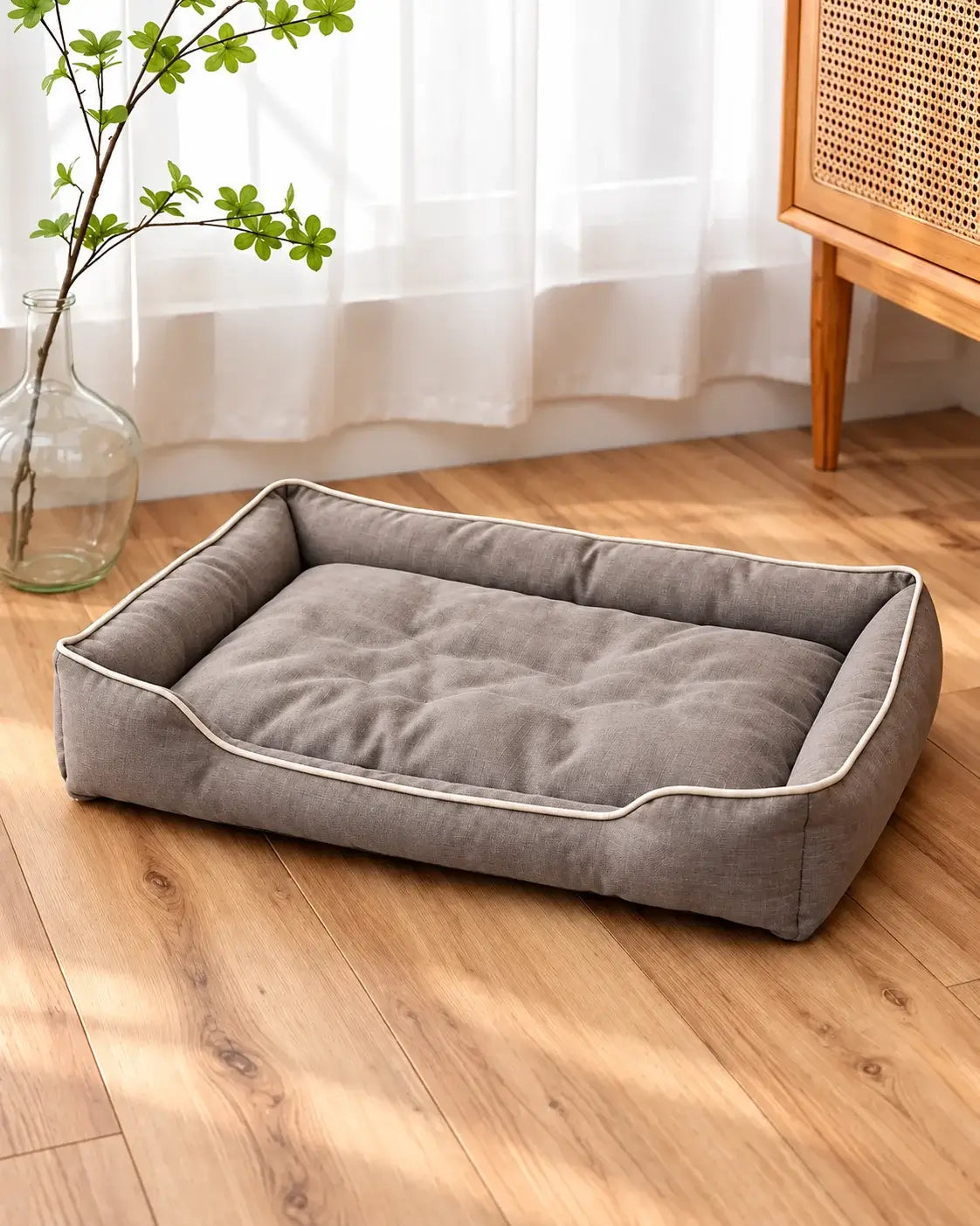 Gray waterproof dog sofa bed with cream piping on a wooden floor