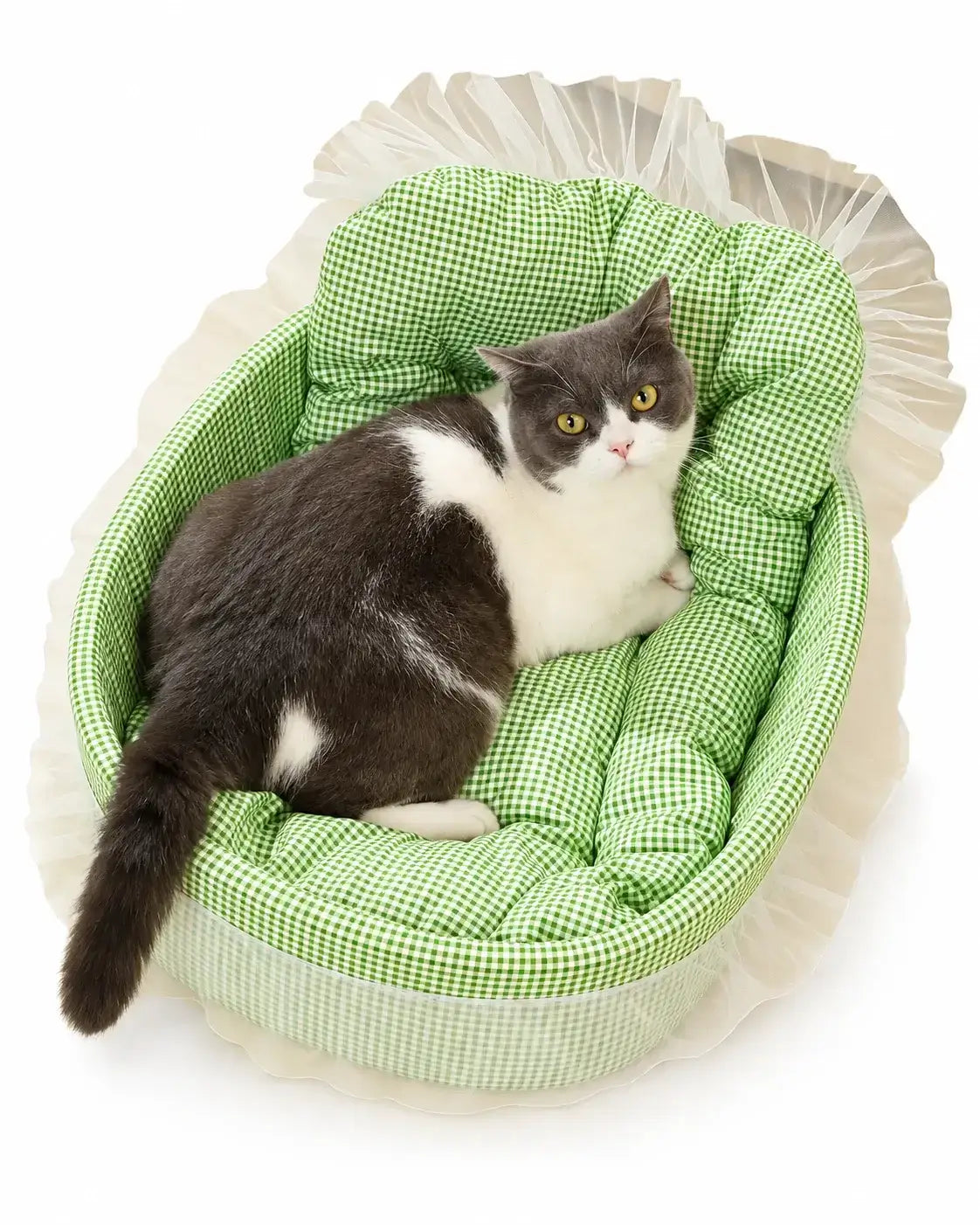 Green gingham pet sofa bed with white lace trim and a grey and white cat curled up inside