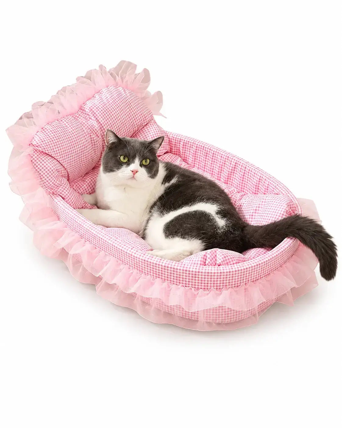 Pink gingham pet sofa bed with lace trim, shown with a grey and white cat lying on the plush base