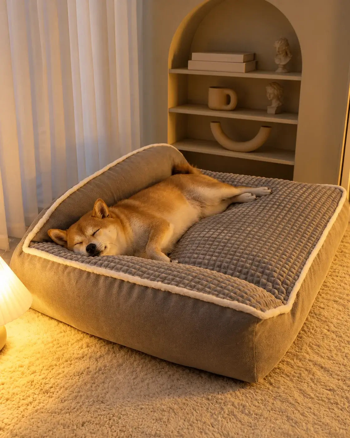 Shiba Inu asleep on a gray dog sofa bed in a warmly lit room at night