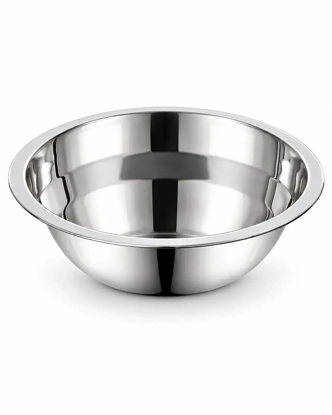 Stainless steel pet bowl with a polished interior on a white background