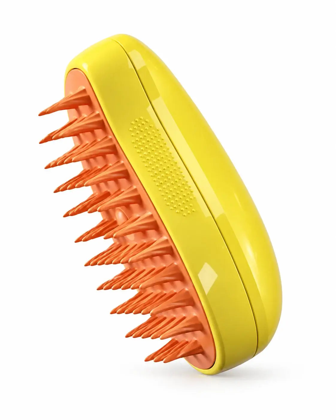 Yellow electric pet steam brush with orange silicone tips on a white background